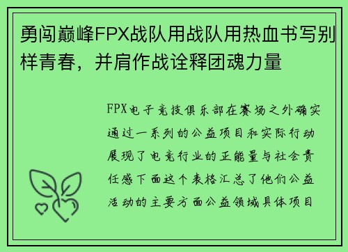 勇闯巅峰FPX战队用战队用热血书写别样青春，并肩作战诠释团魂力量